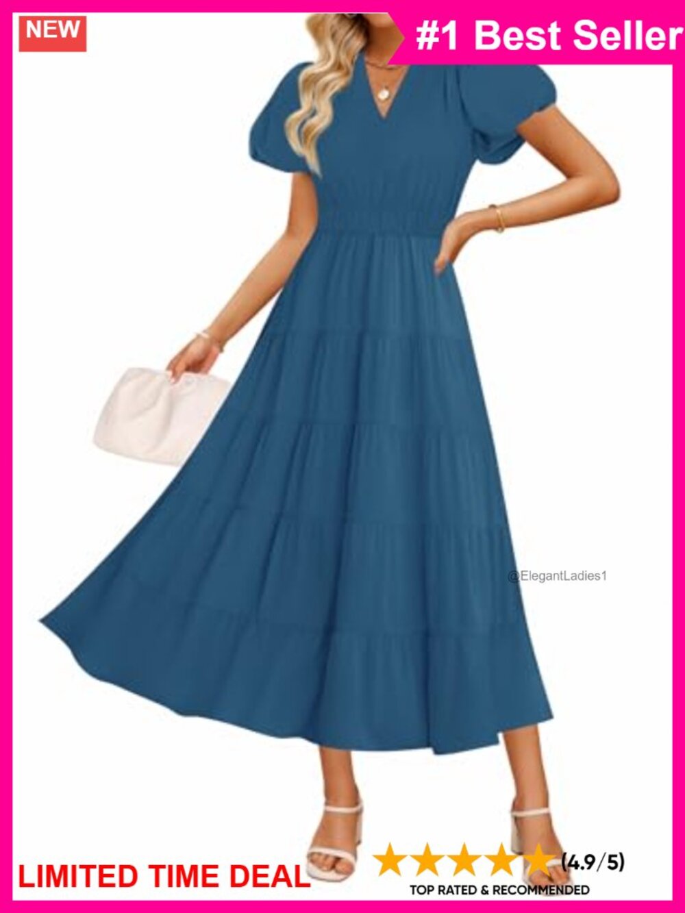 Womens Summer Casual V Neck Puff Short Sleeve Tiered Maxi Dress Flowy A-Line